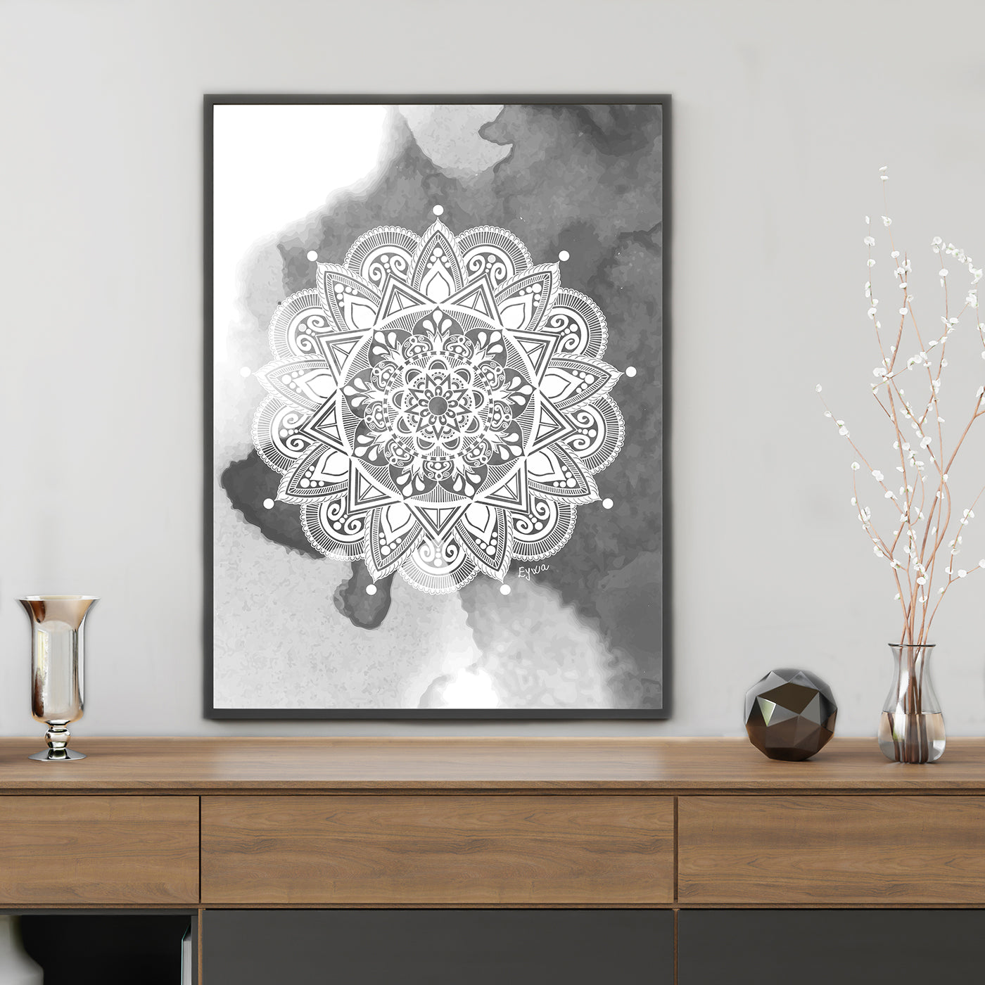 White and Gray Mandala Zen Wall Art Print