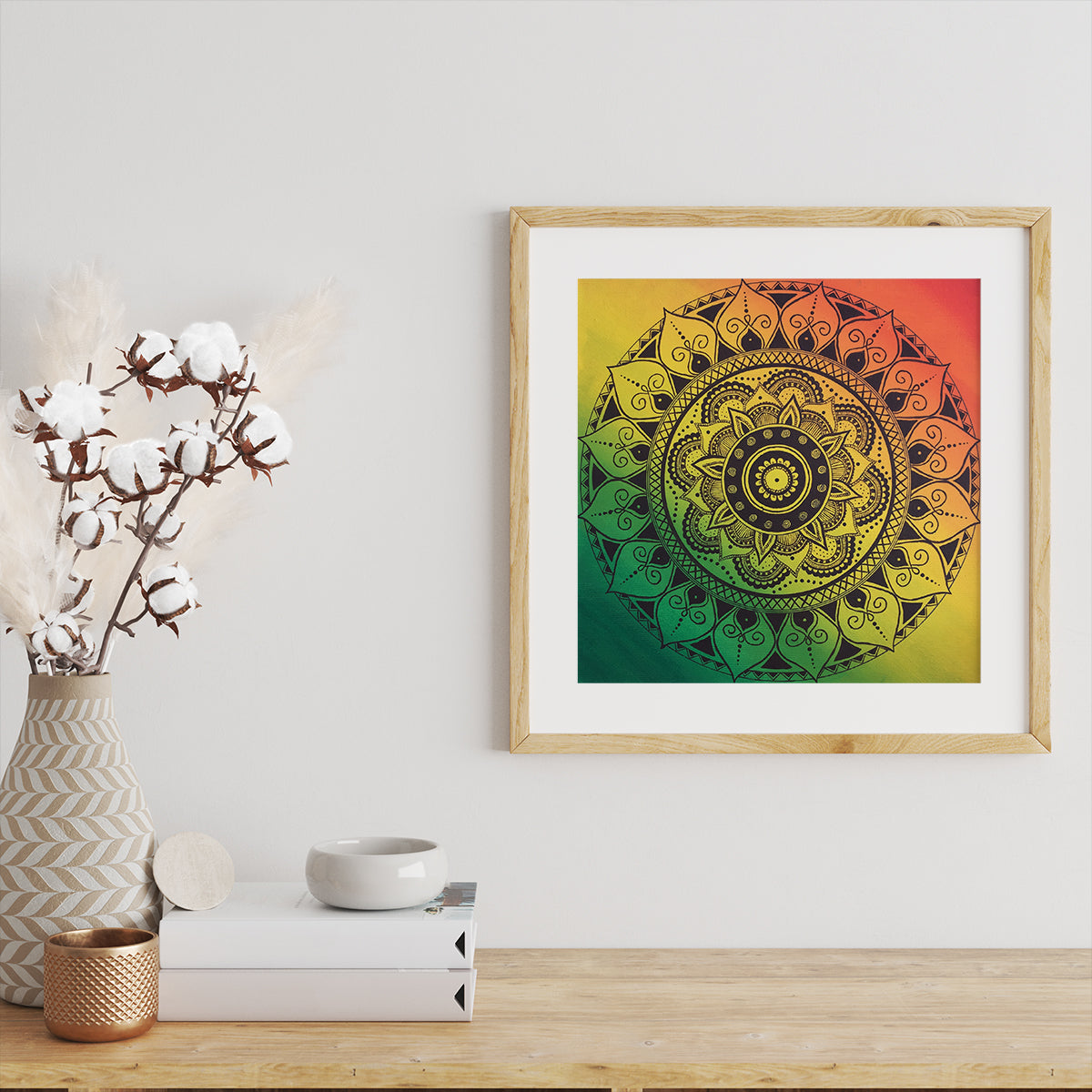 Green, Yellow and Red Square Mandala Art Print