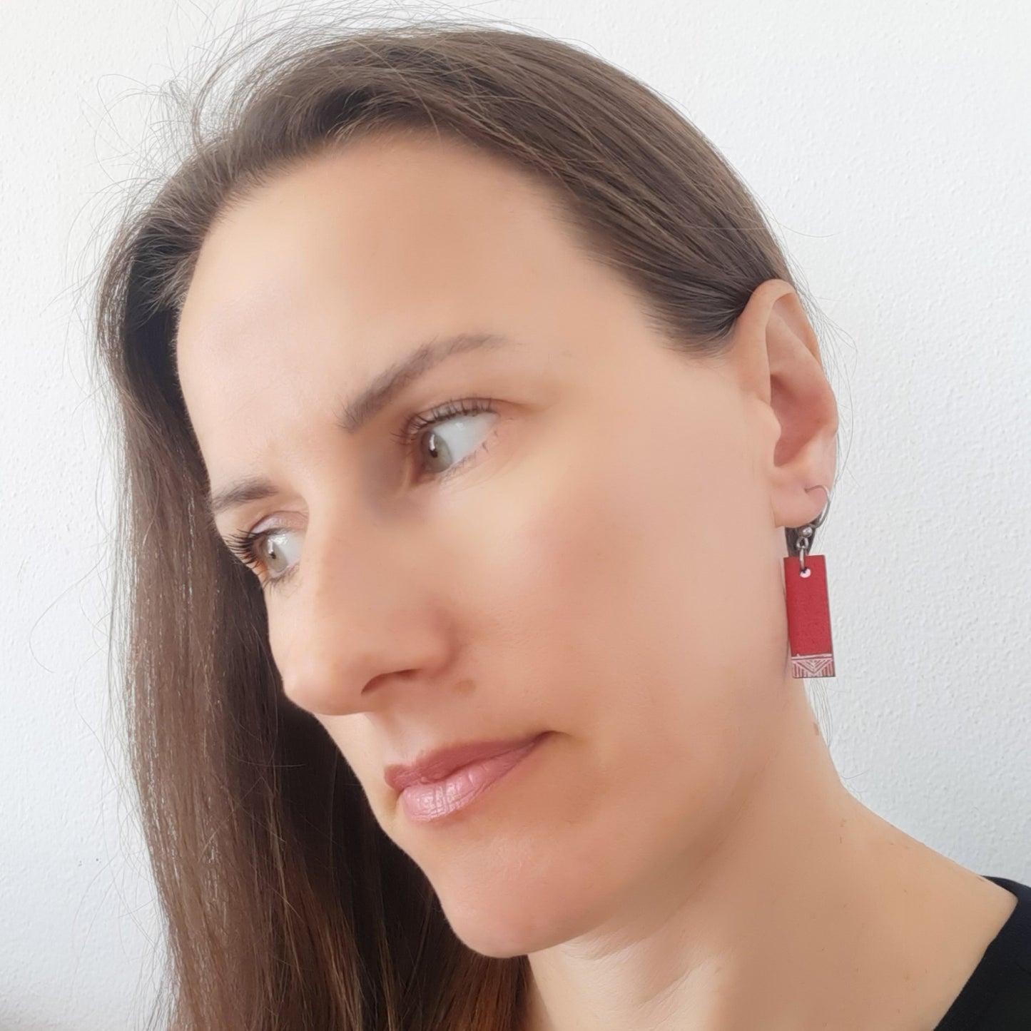 Unique small red rectangular wooden earrings