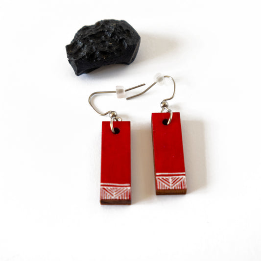 Unique small red rectangular wooden earrings