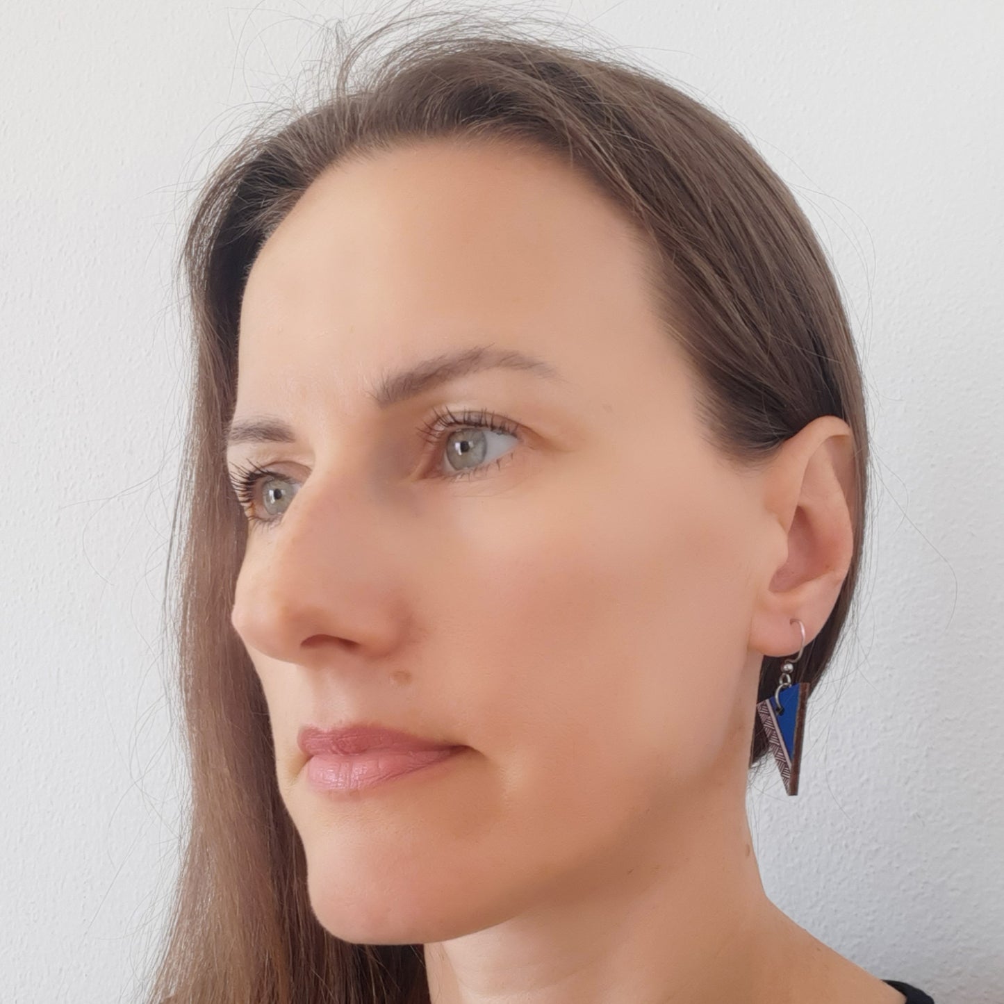 Small triangle blue wooden earrings