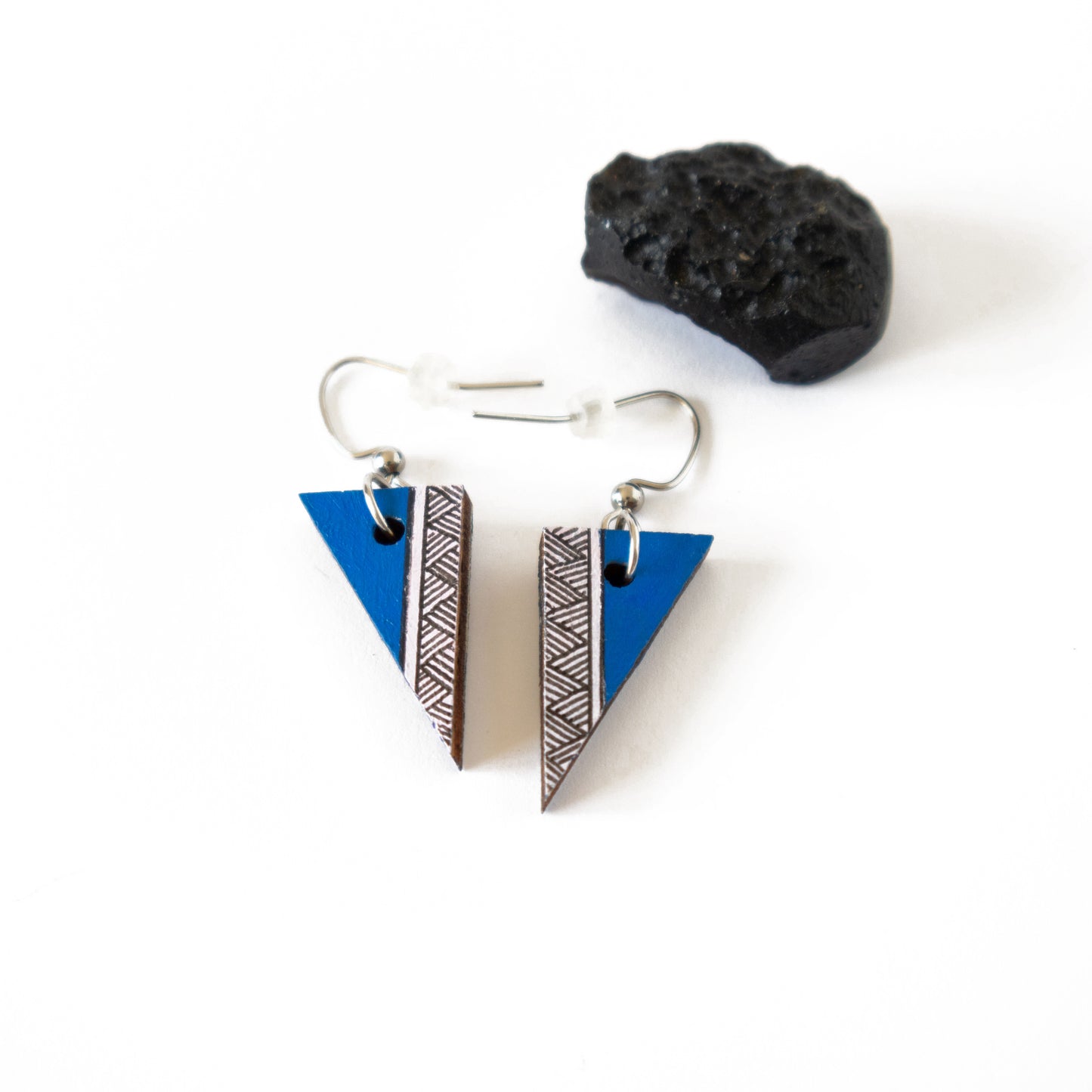 Small triangle blue wooden earrings