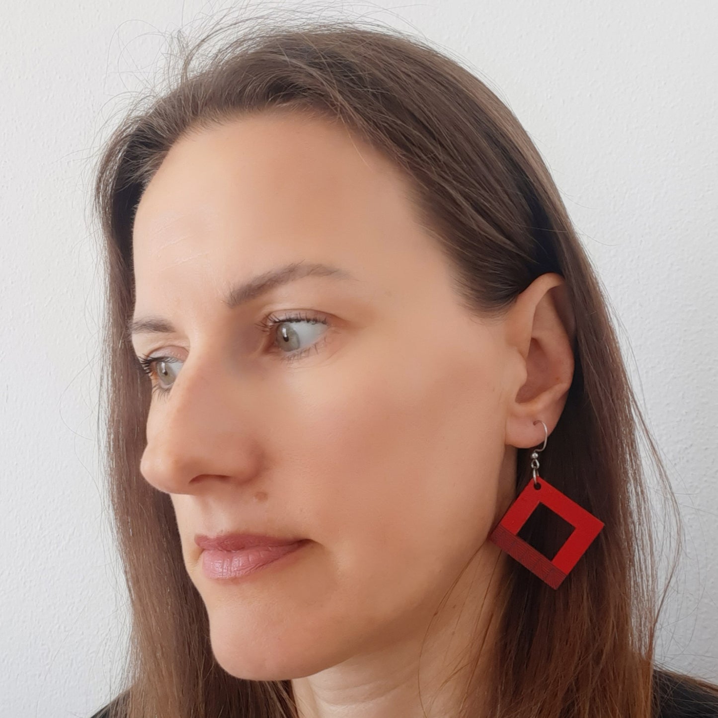 Red square unique wooden earrings