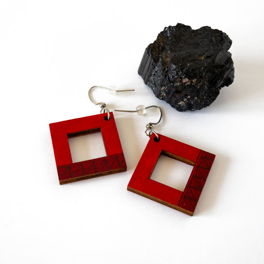 Red square unique wooden earrings