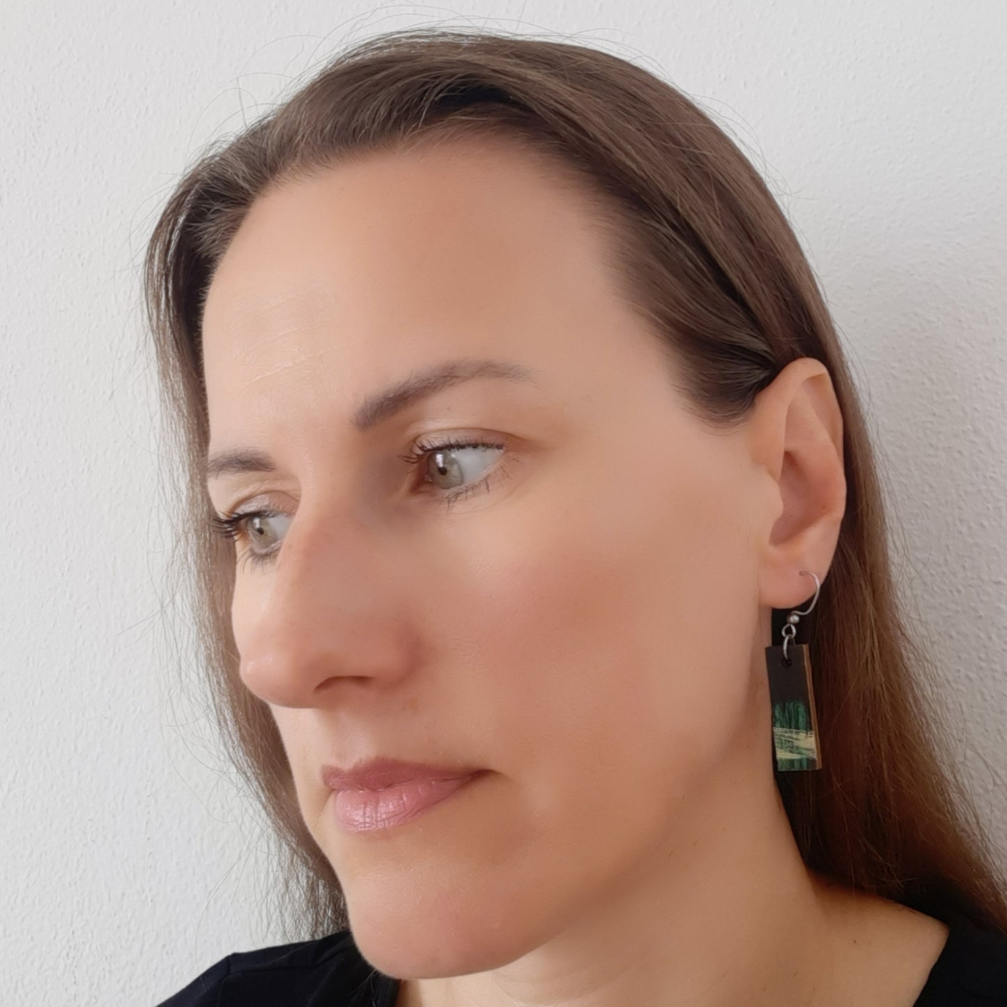 Unique small rectangular black earrings with green and yellow details