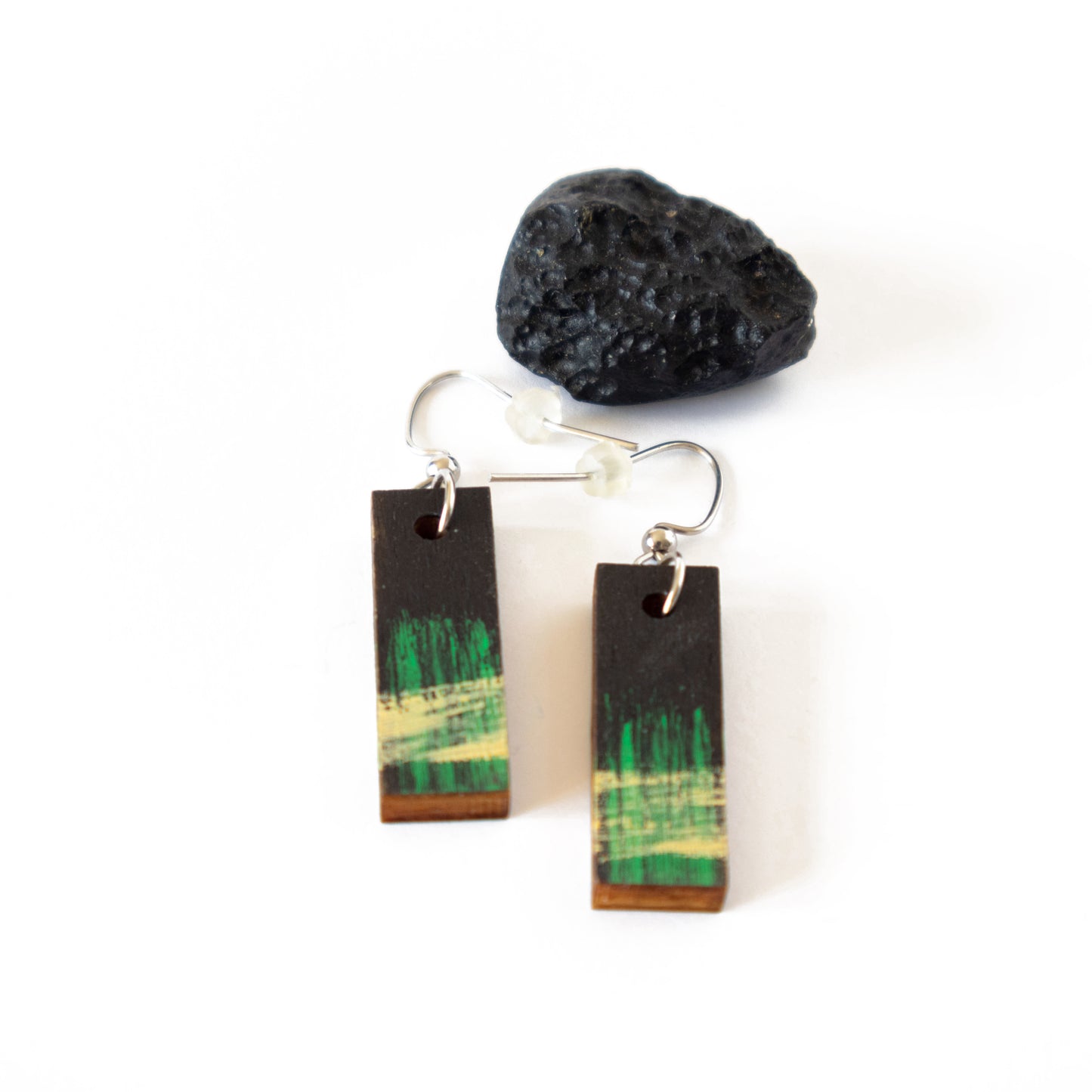 Unique small rectangular black earrings with green and yellow details