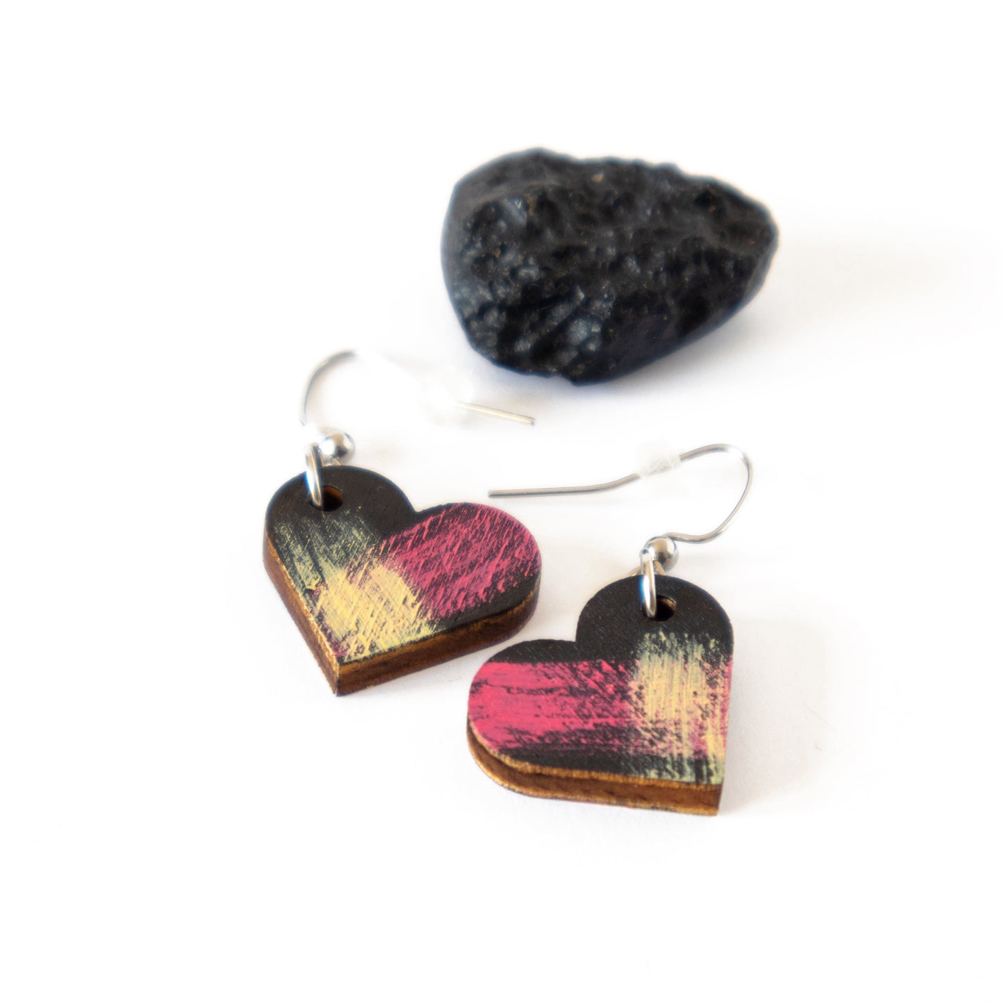 Unique small black earrings with pink-yellow details