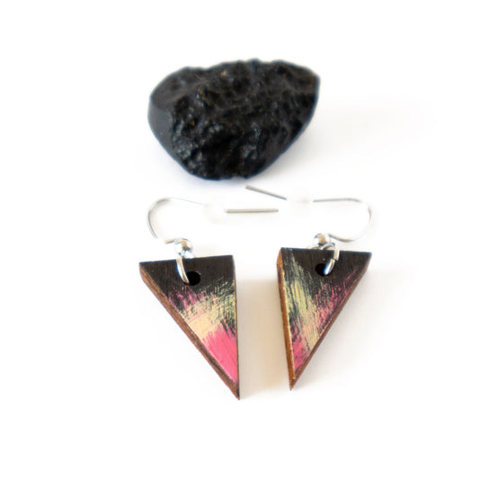 Unique black earrings with pink and yellow details