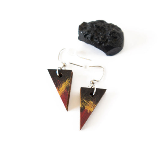 Unique small black earrings with red and gold details