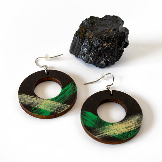 Light black wooden earrings with green and yellow details