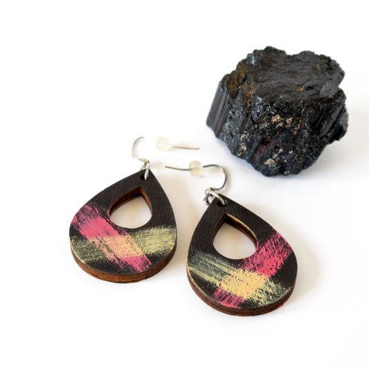 Unique black wooden earrings with pink and yellow details