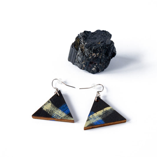 Black wooden earrings with blue and yellow details