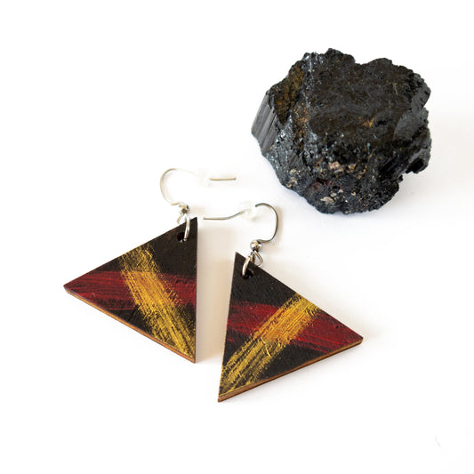 Unique black wooden triangle earrings with red and gold details