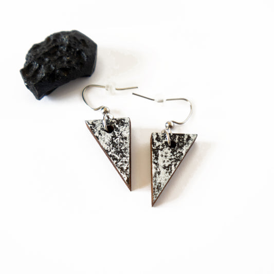 Small black unique wooden earrings with silver details