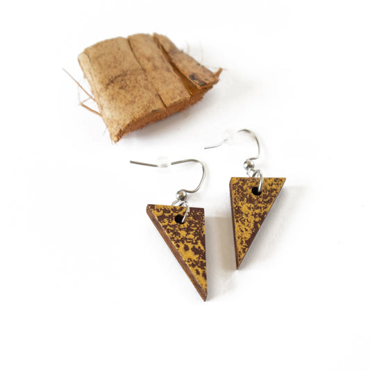 Small brown unique wooden earrings with gold details