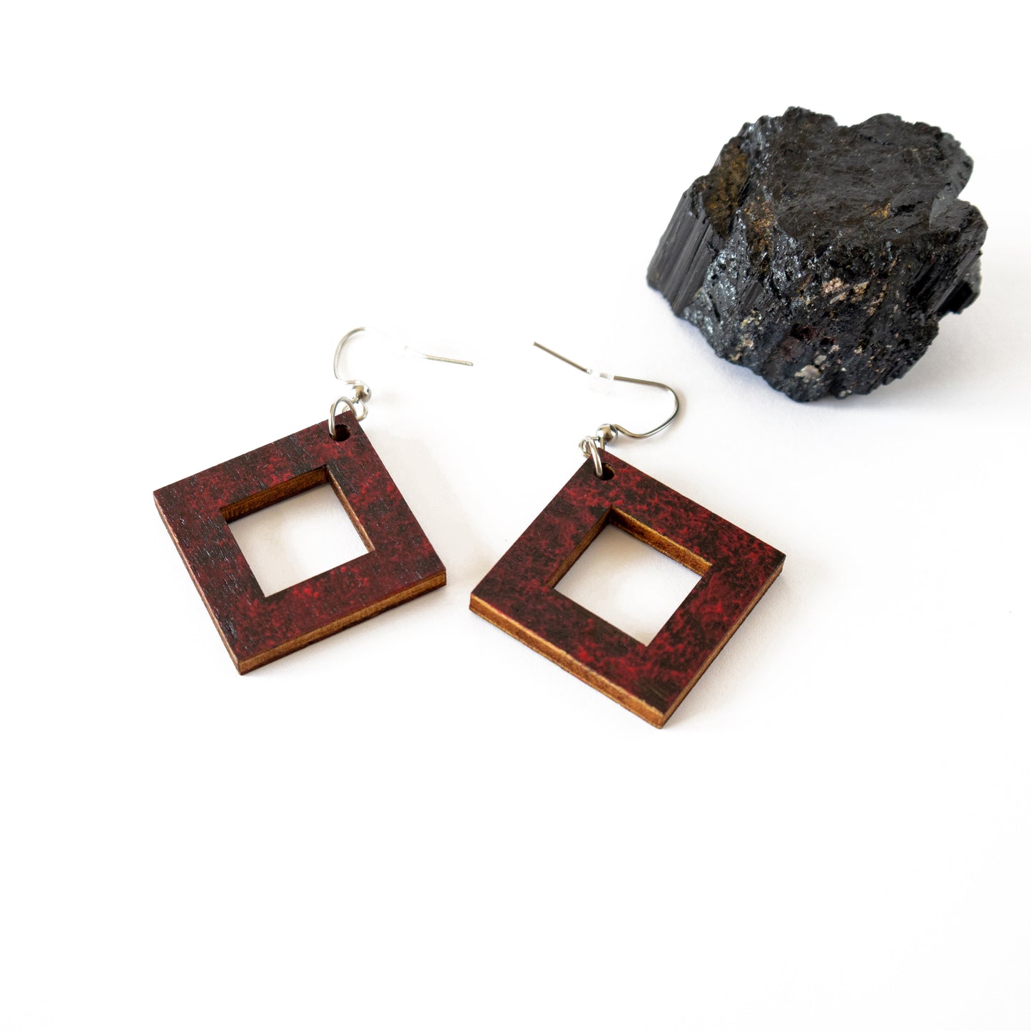 Black and red square unique wooden earrings