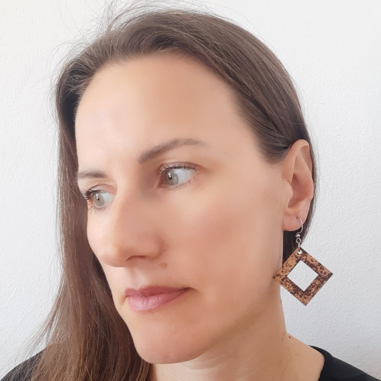 Brown square unique wooden earrings with copper details