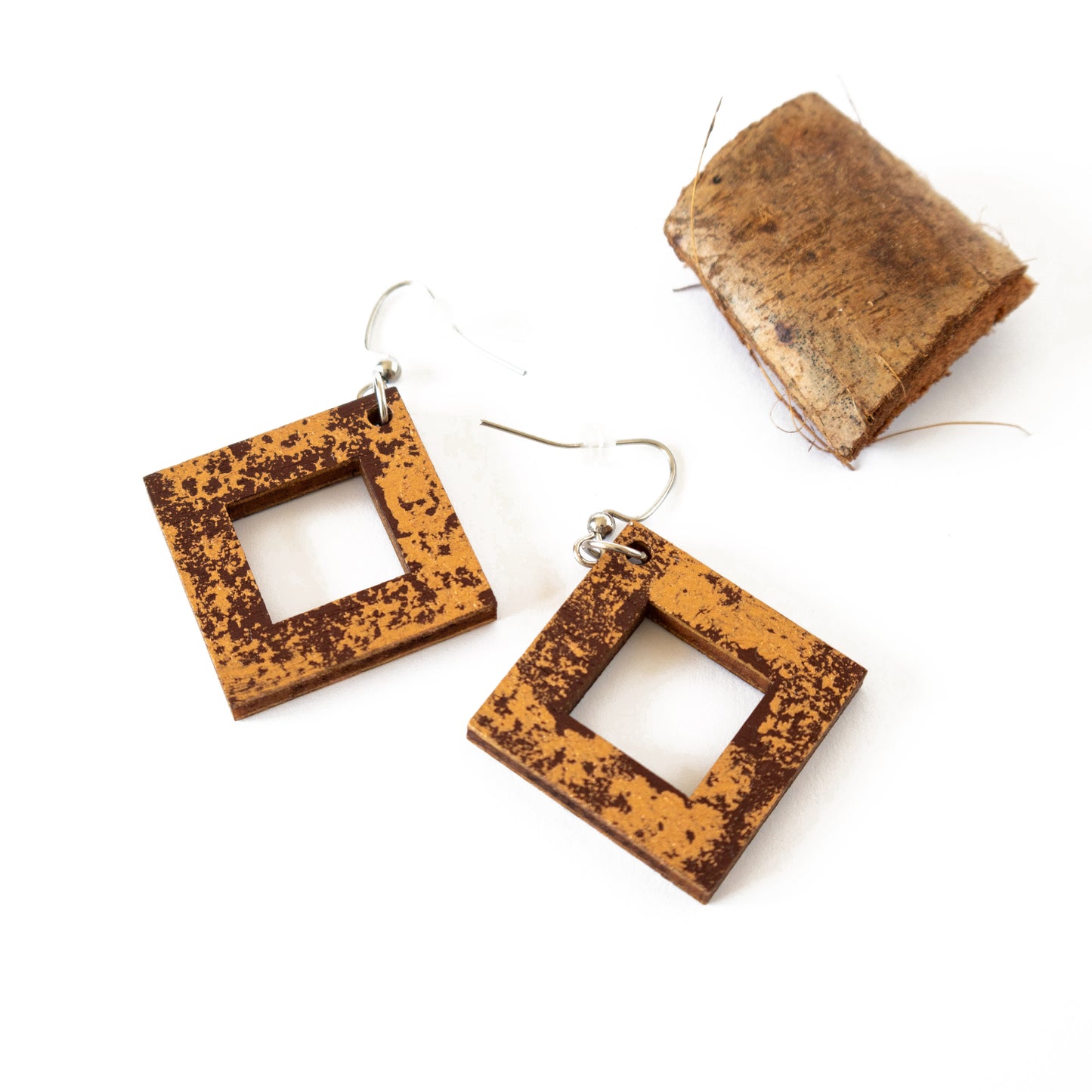 Brown square unique wooden earrings with copper details