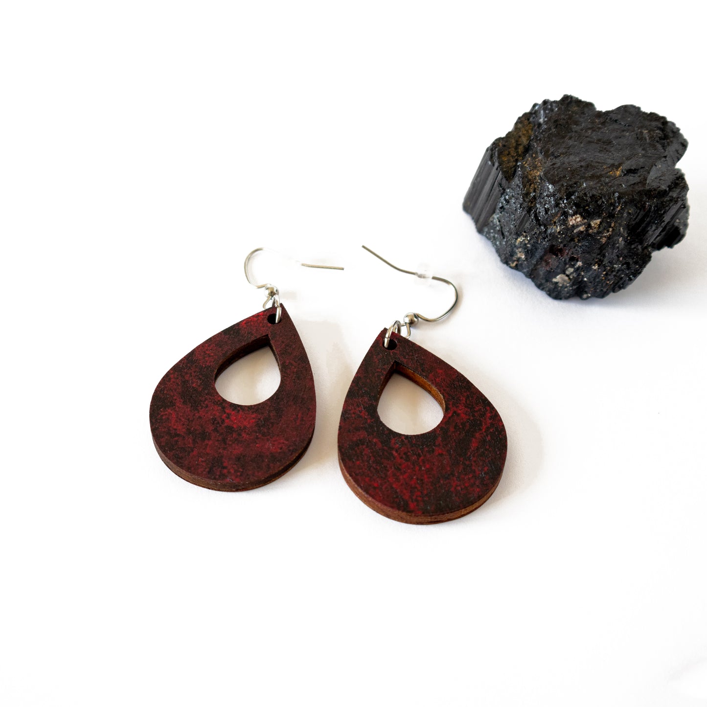 Black and red unique wooden earrings