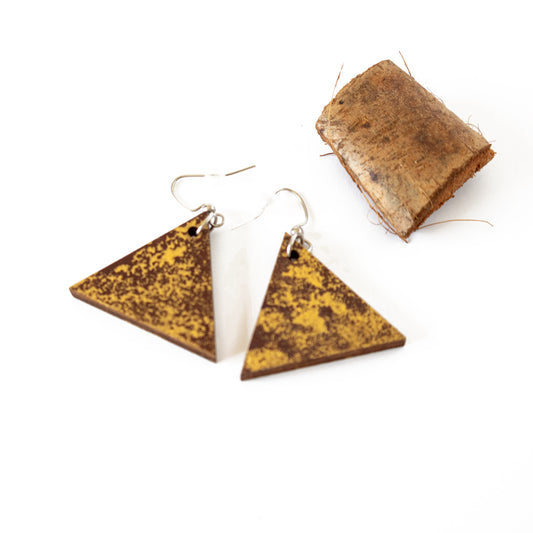 Unique brown wooden triangle earrings with gold details