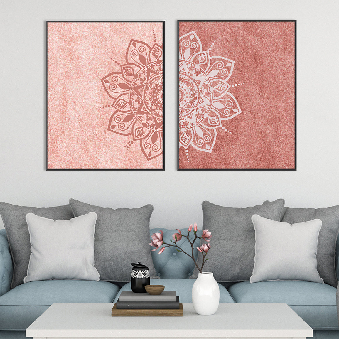 Diptych Terracotta White Mandala Wall Art Print