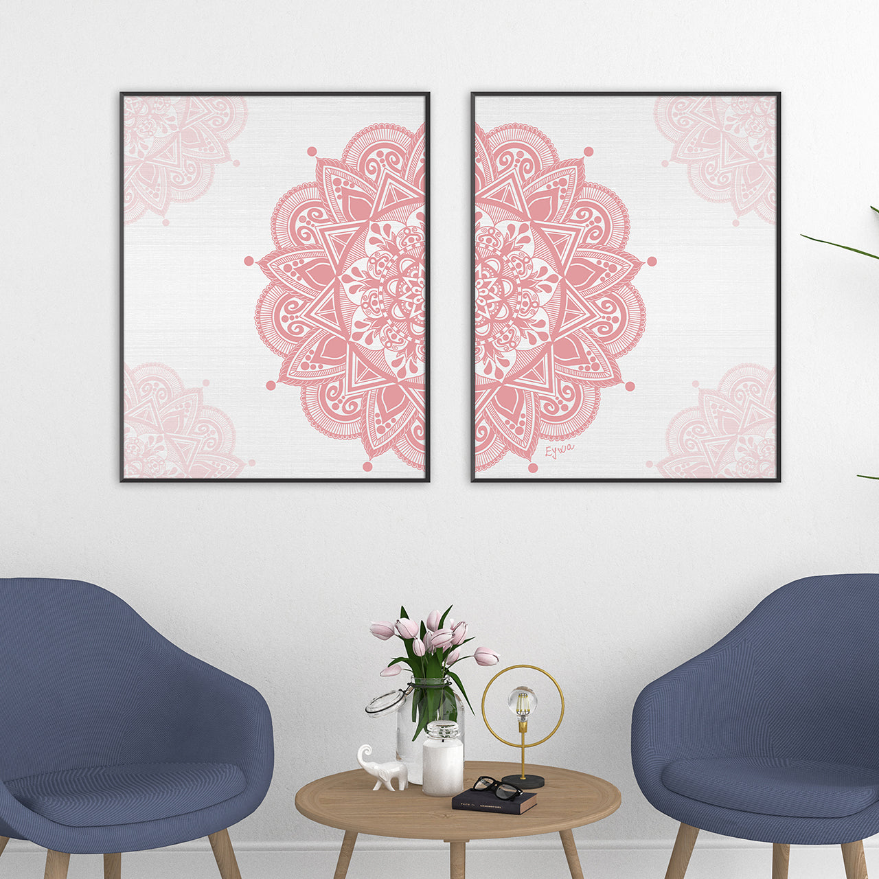 Diptych Dusty Pink Mandala Art Prints