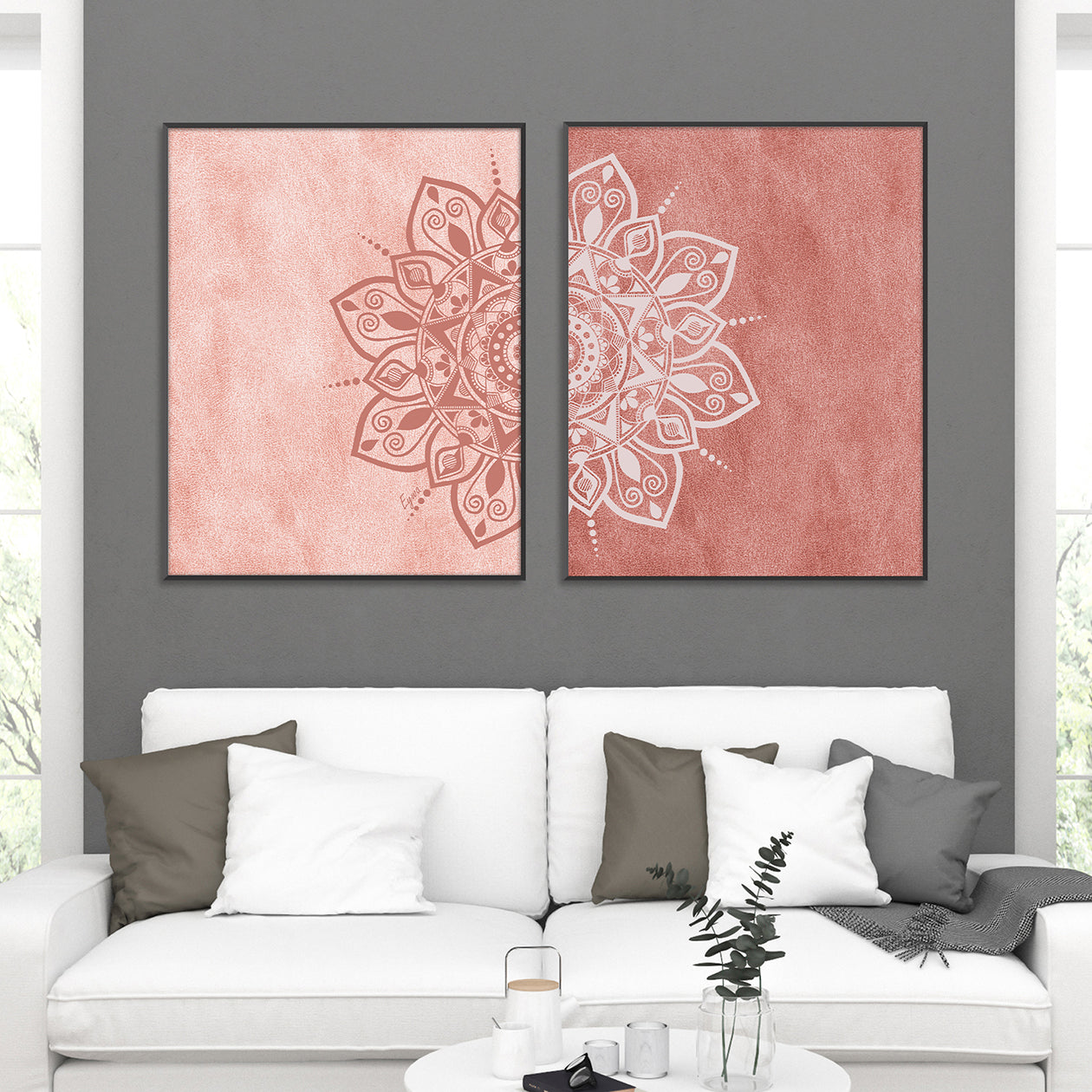 Diptych Terracotta White Mandala Wall Art Print