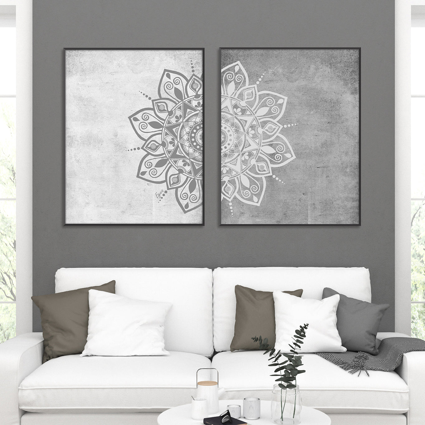 Diptych Grey and White Mandala Wall Art Print