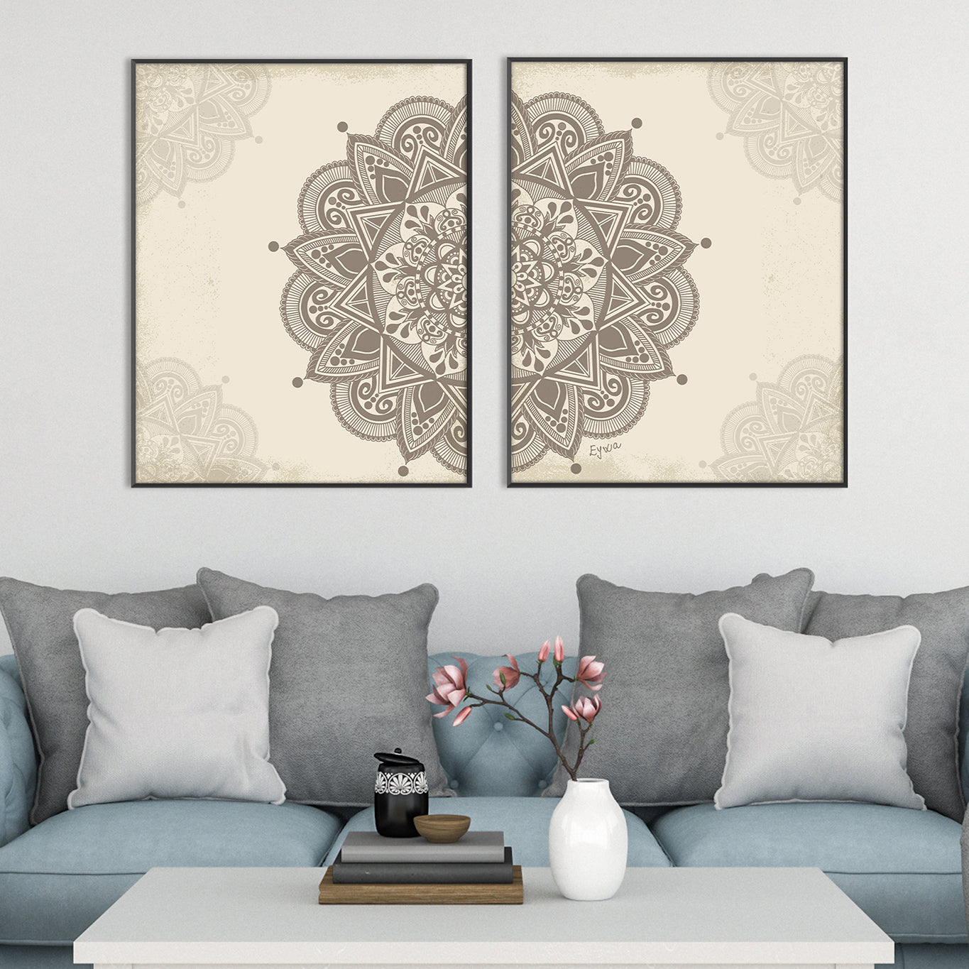 Diptych Rustic Beige Brown Mandala Art Print