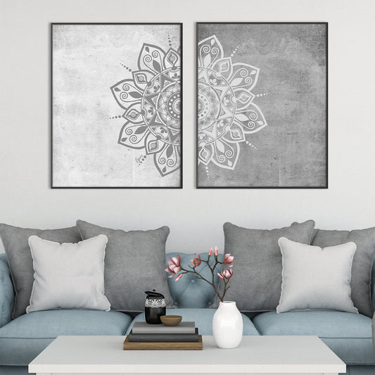 Diptych Grey and White Mandala Wall Art Print