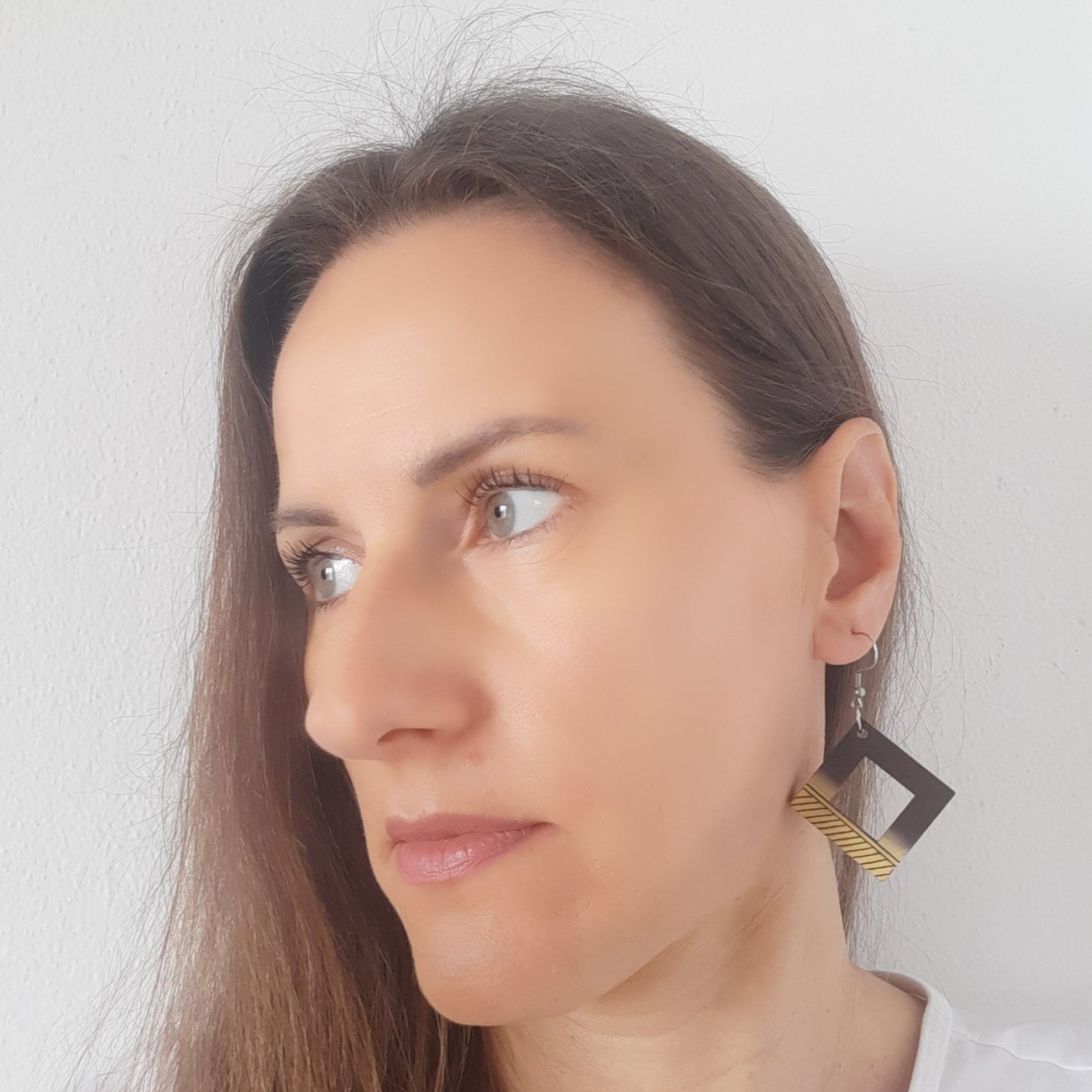 Brown-yellow unique square wooden earrings