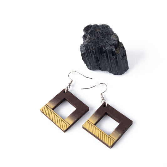 Brown-yellow unique square wooden earrings