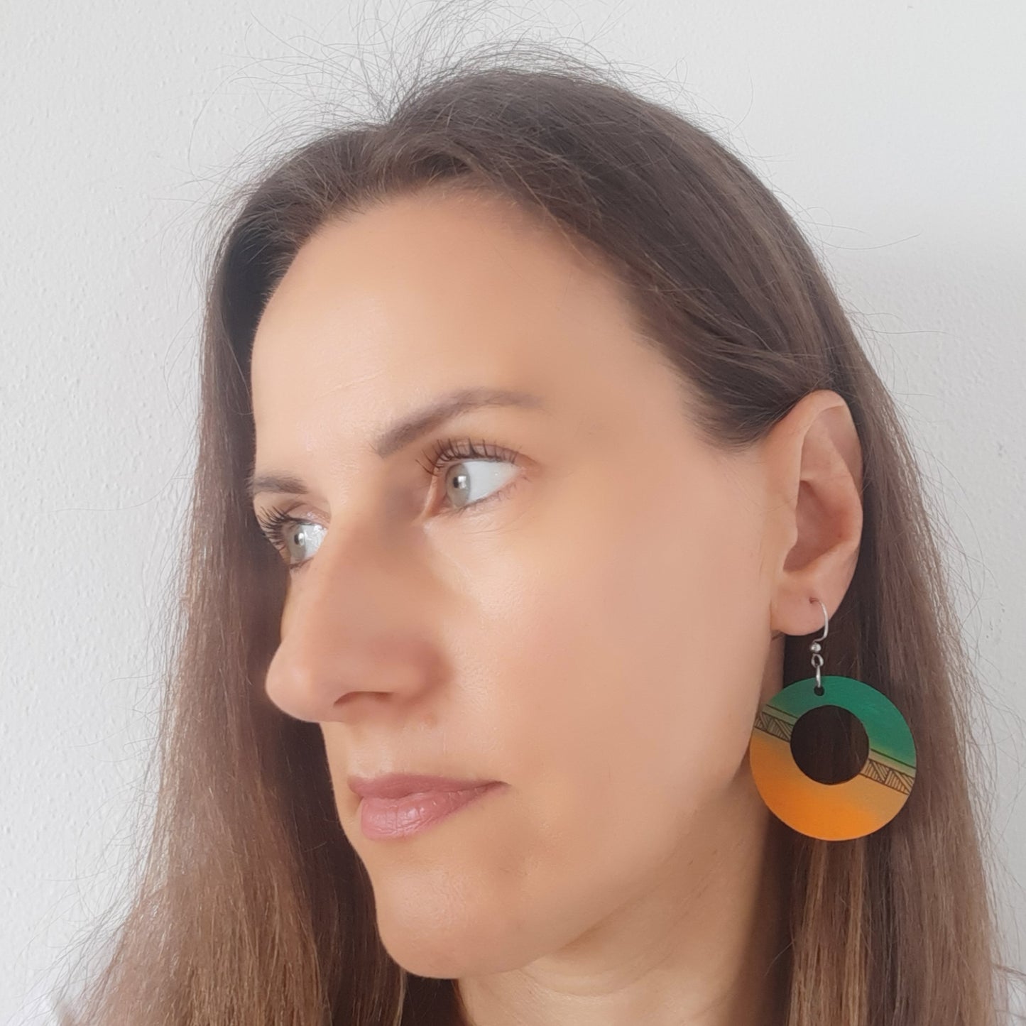 Green-orange unique wooden earrings