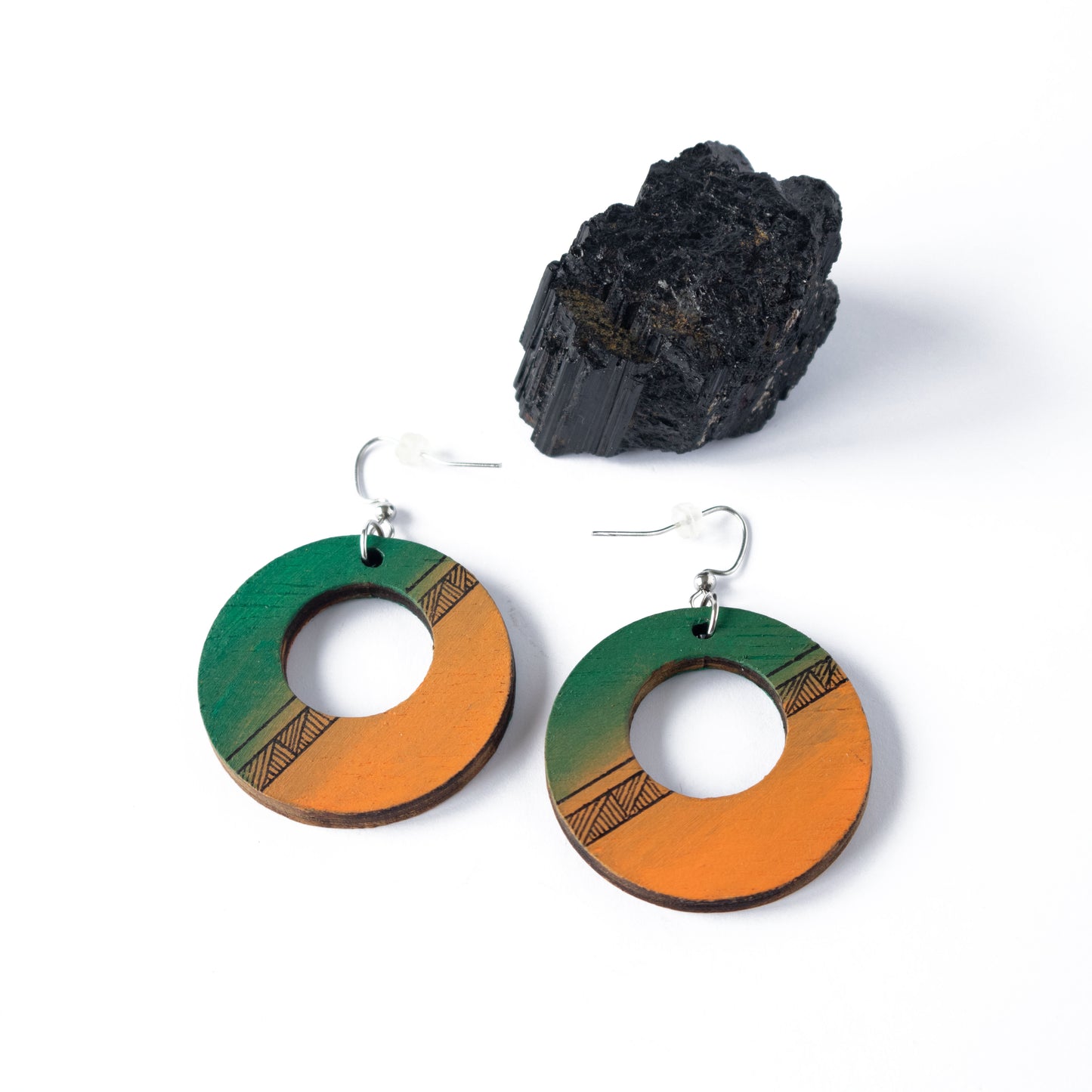 Green-orange unique wooden earrings