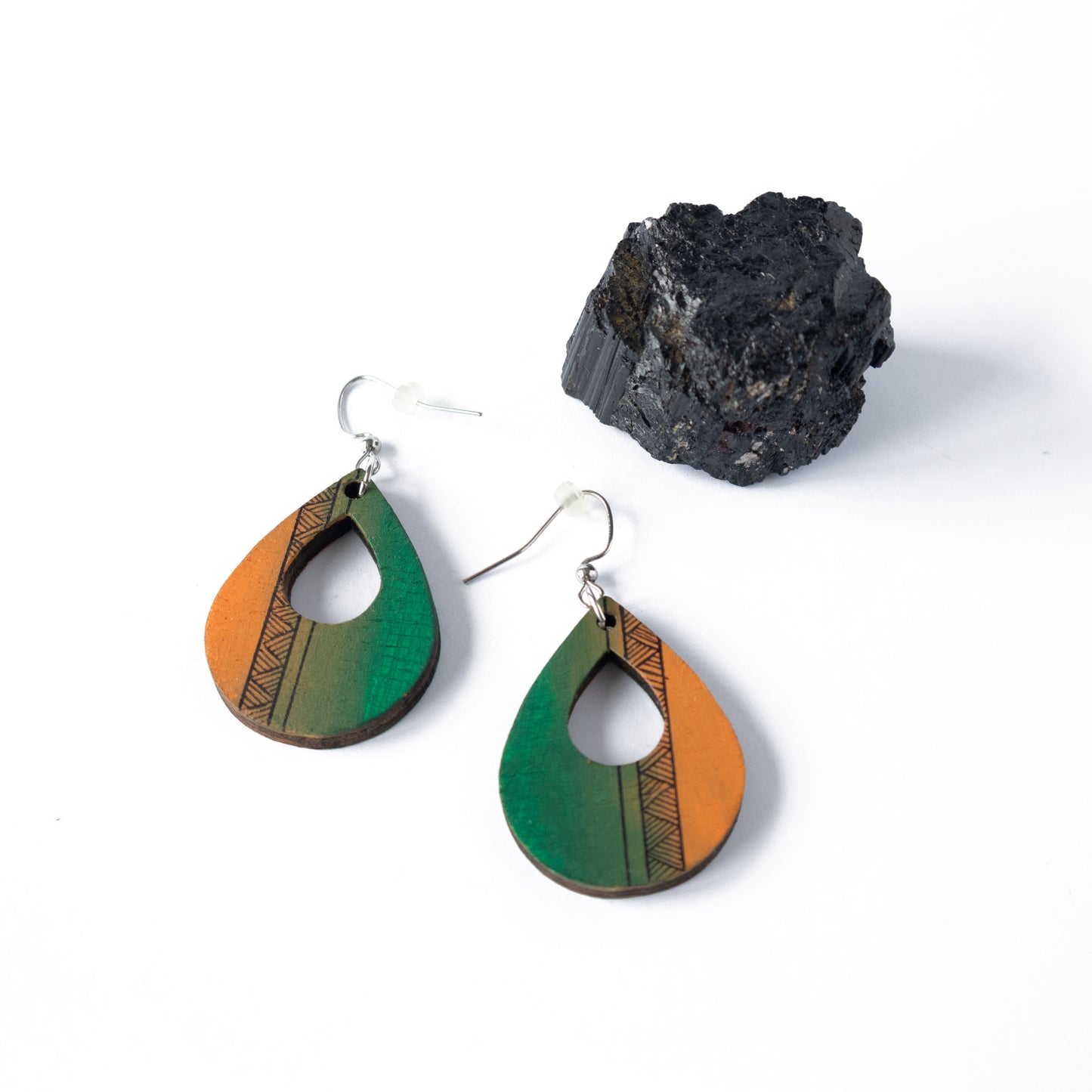 Green-orange unique wooden earrings in the shape of a teardrop