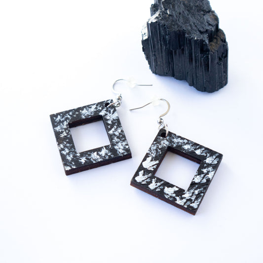 Unique black and white wooden earrings