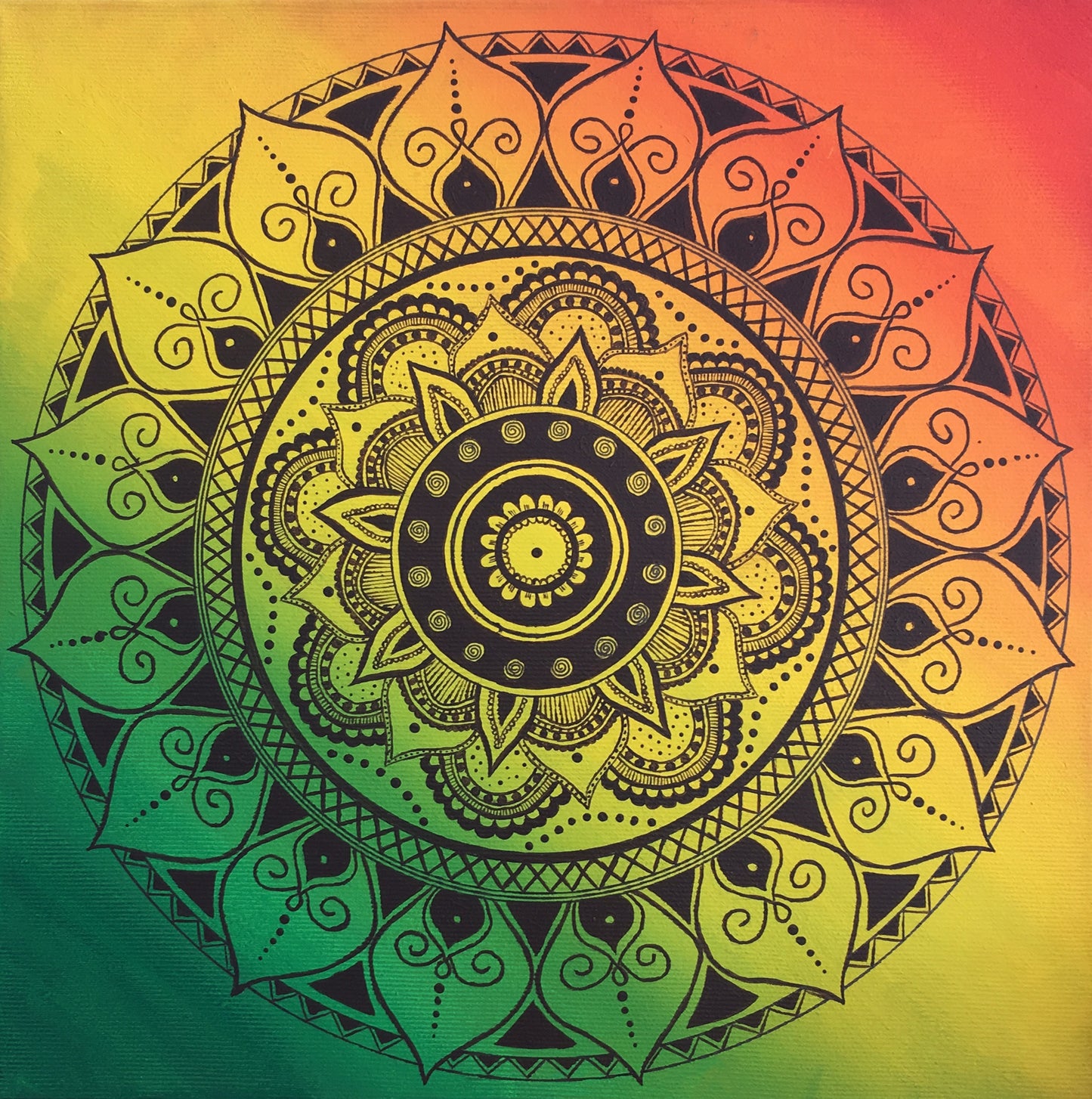 Green, Yellow and Red Square Mandala Art Print