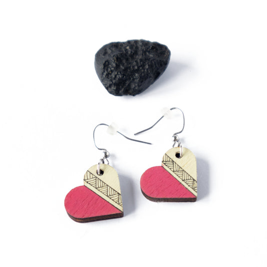 Small unique pink and yellow wooden earrings