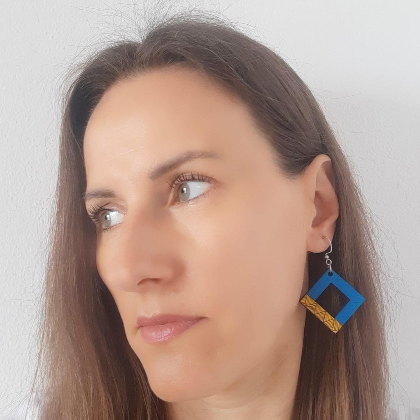 Blue and yellow unique wooden earrings