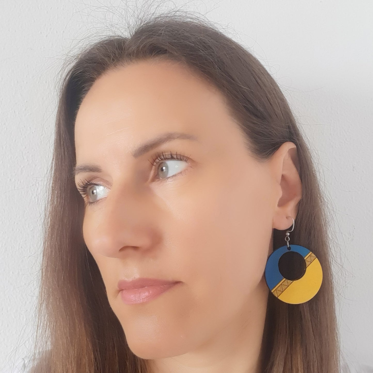 Unique blue and yellow wooden earrings