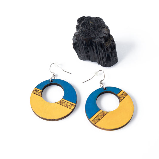 Unique blue and yellow wooden earrings