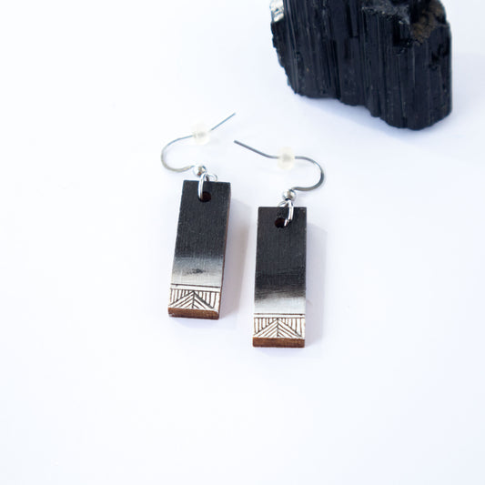 Black and white small unique wooden earrings