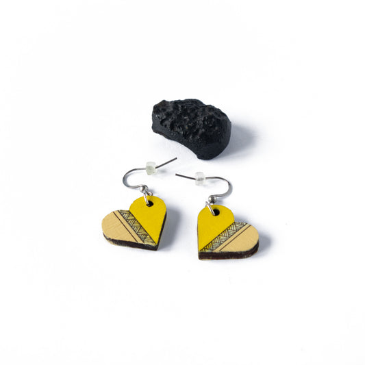 Unique small yellow heart shaped wooden earrings