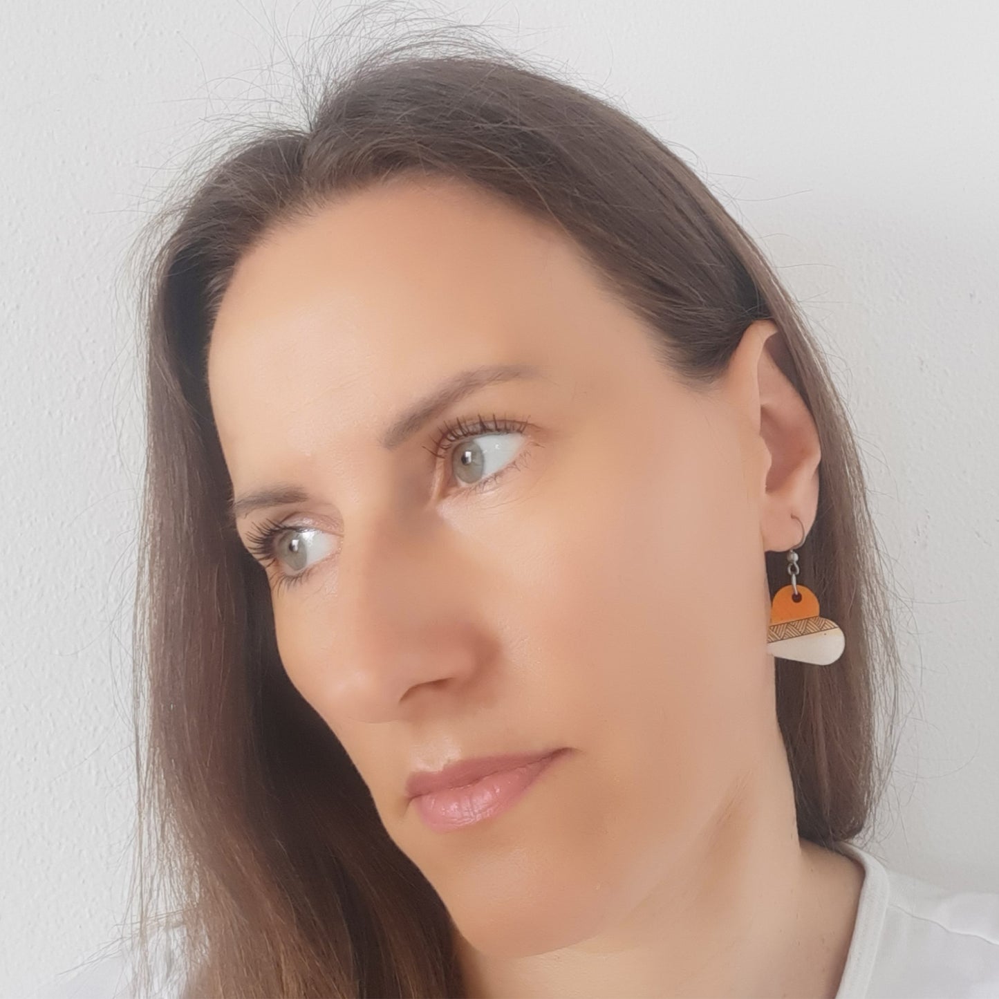 Orange heart shaped unique wooden earrings