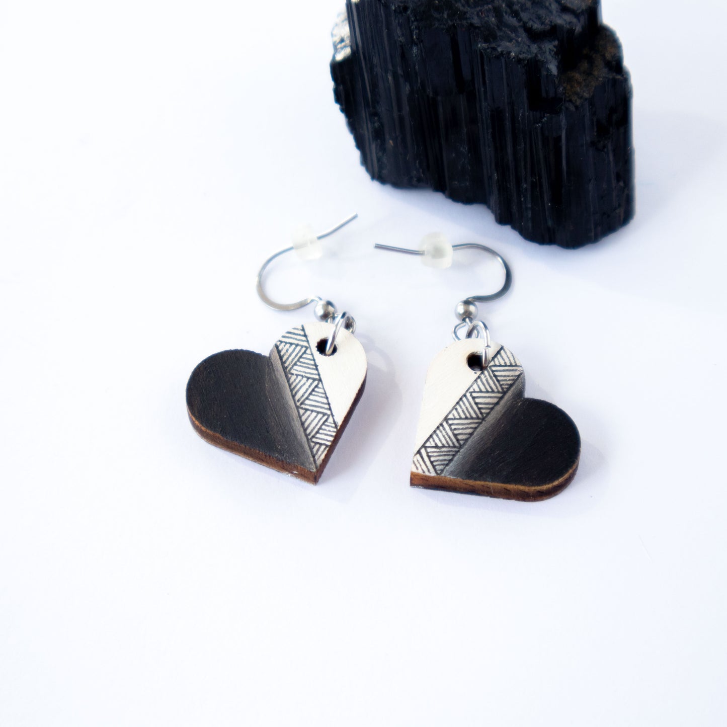 Black and white heart shaped unique wooden earrings