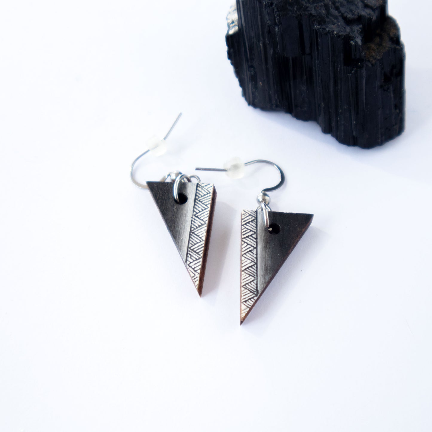 Small black and white unique wooden earrings 