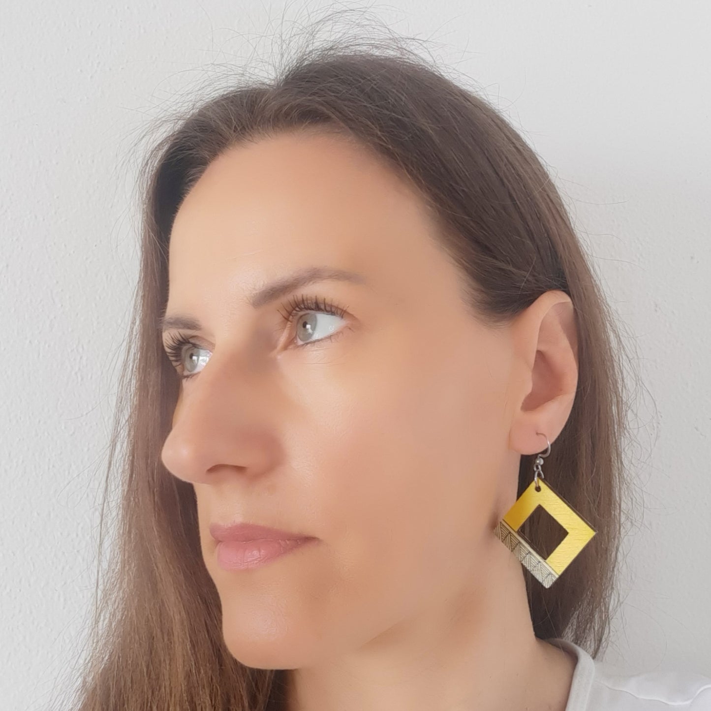 Yellow and white unique wooden earrings