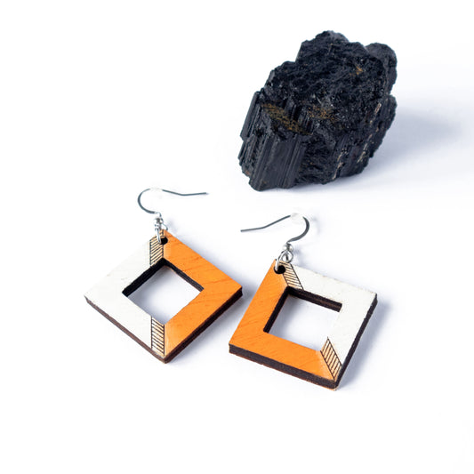 Orange and white unique wooden earrings