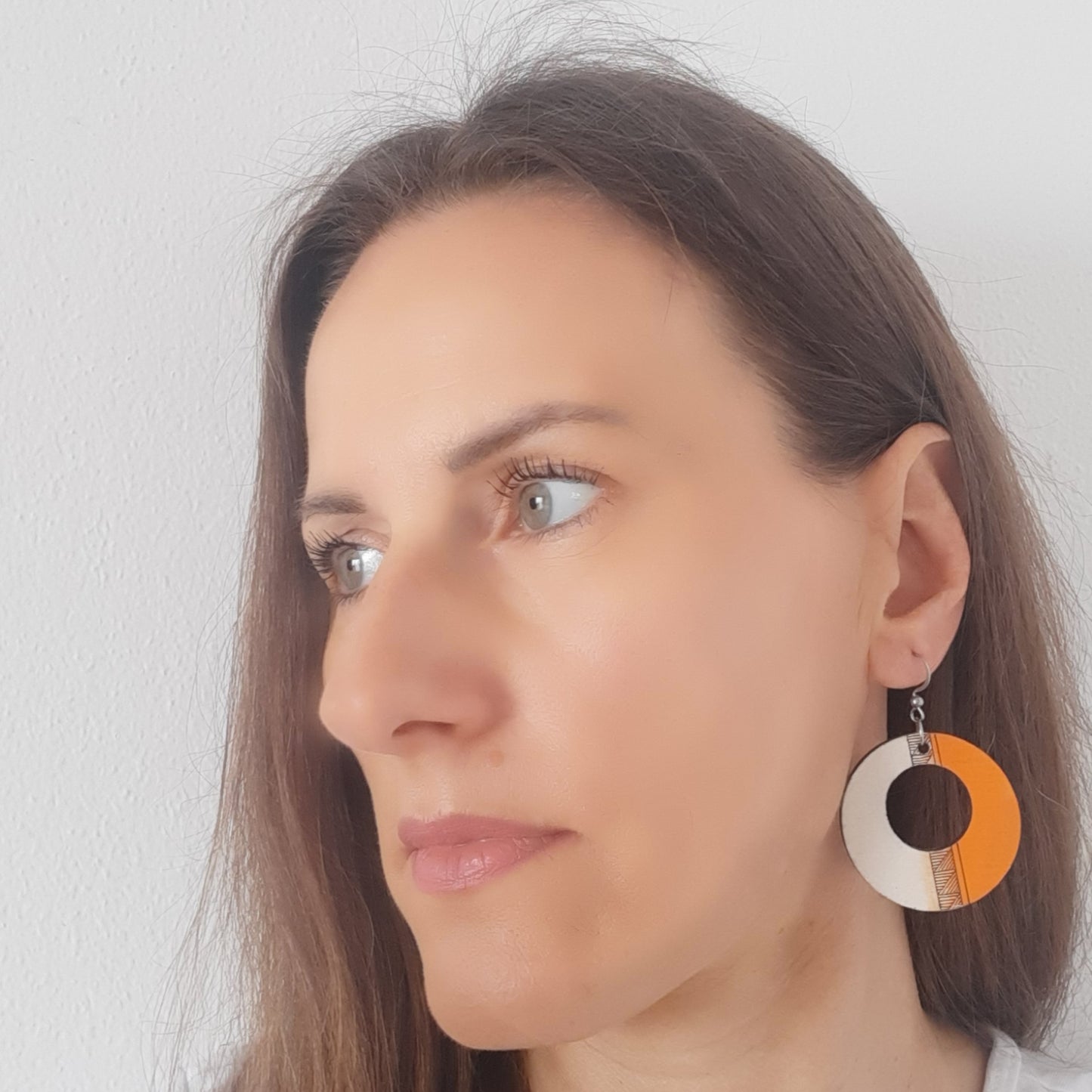 White-orange unique wooden earrings