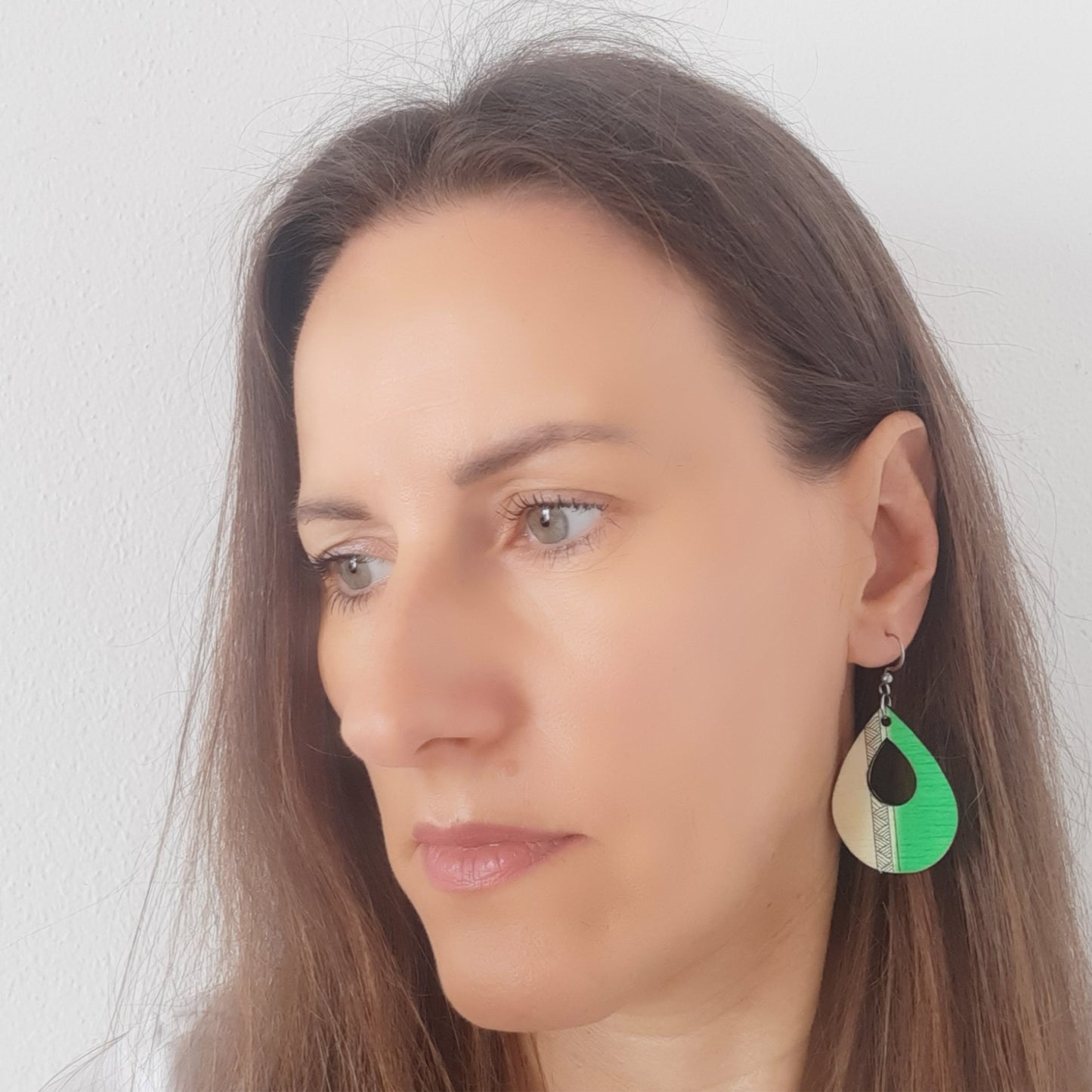 Green and yellow unique teardrop shaped wooden earrings